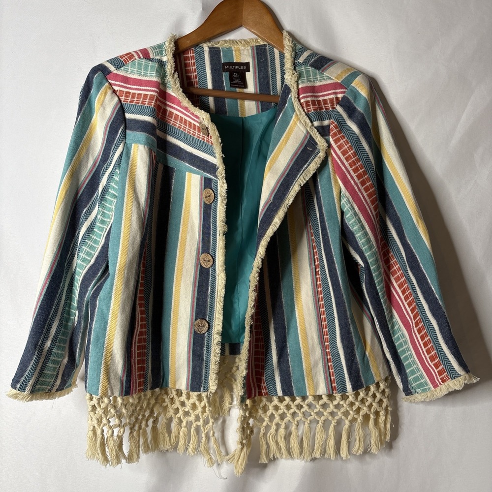 Multiples PL Blazer Jacket Crochet Fringe Striped Open Front Colorful 3/4 Sleeve